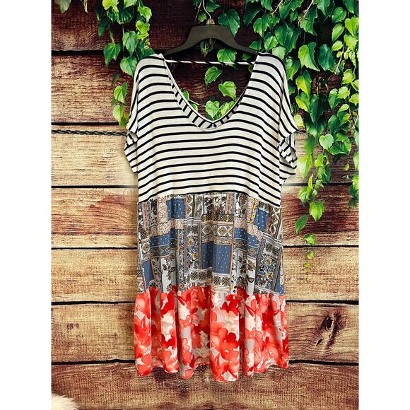 Oddy Colorblock Tier Tunic Dress Floral Stripe Patchwork Easter 4th of July 2X - Picture 4 of 5